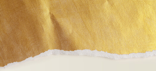 Torn pieces of paper texture copy space horizontal long background. White and gold color.