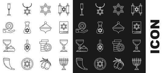 Set line Hanukkah menorah, Jewish goblet, torah book, Star of David, money bag with star david, coin hand, and dreidel icon. Vector