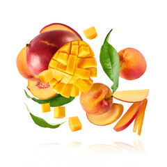 Fresh ripe whole and sliced mango and peaches with green leaves falling in the air