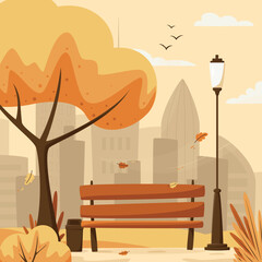 Autumn city park with foliage and city silhouette. Bench in fall city park, autumn holidays concept in flat cartoon style. City park landscape banner. Urban outdoor. Vector illustration