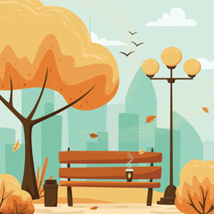 Obraz premium Autumn city park with foliage and city silhouette. Bench in fall city park, autumn holidays concept in flat cartoon style. City park landscape banner. Urban outdoor. Vector illustration