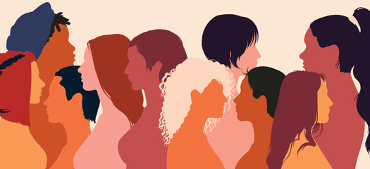 Racial justice, diversity, opportunity, and allyship concept. Multicultural multiethnic woman profile. Self-confidence. Vector flat cartoon illustration.