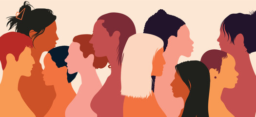An illustration showing a women's social network community with multiethnic women facing each other. Communication and friendship between women. Vector flat cartoon illustration.