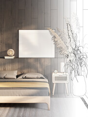 A sketch becomes a dark bedroom with a blank horizontal poster, a globe lamp on a wood shelf, large spikelets in a vase, a bedside table with a rattan door next to a bed with brown bedding. 3d render