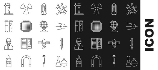 Set line Test tube and flask chemical laboratory, Meteorology thermometer measuring, Satellite, Space shuttle rockets, Processor, Glass test on fire heater and Earth globe icon. Vector