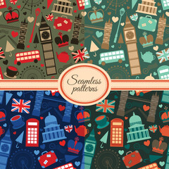 Collection of seamless patterns with London landmarks and Britain symbols vector illustration