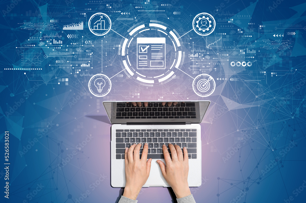 Poster project management theme with person using a laptop computer