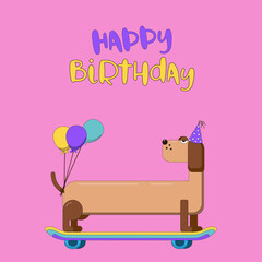Happy Birthday greeting card with cute cartoon Dog with sketboard and balloons. Ideal for posters, postcards, invitations and banners. 