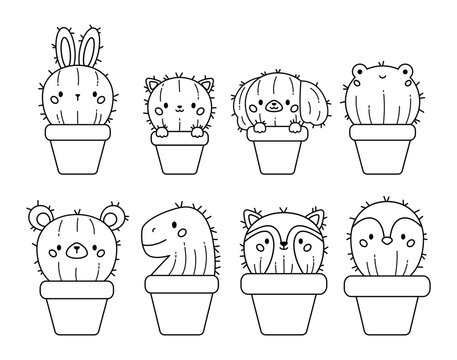 Coloring page with funny cactus in flowerpots. Cactus in the shape of animals. Kawaii bunny, cat, dog, frog, bear, dinosaur, raccoon and bird. Cartoon doodle plants. Coloring book. Vector illustration