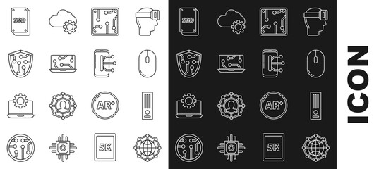 Set line Global technology or social network, Video game console, Computer mouse, Processor, Laptop, Cyber security, SSD card and Smartphone, mobile phone icon. Vector