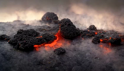 Crédence de cuisine en verre imprimé Gris 2 Apocalyptic volcanic landscape with hot flowing lava and smoke and ash clouds. 3D illustration.