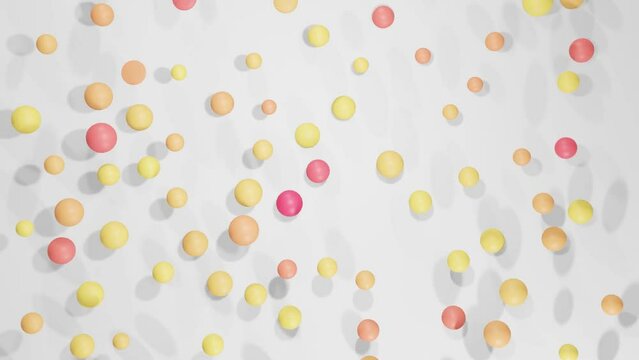 Abstract visualization of bouncing balls on gray background, simple animation, jumping, 3d rendered, computer generated, flat lay, top view