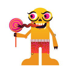 Yellow monster with lollipop, halloween, sticker