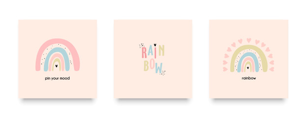 Modern hand drawn rainbow posters set. Doodle style. With drops, clouds and hearts. For children's wall decor, wallpaper.	