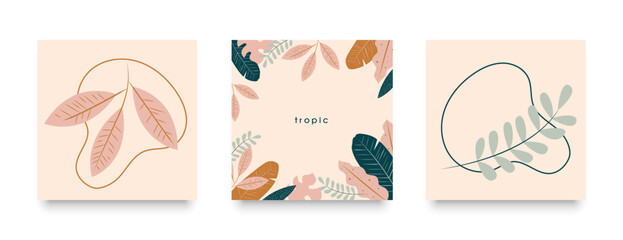 Tropics. Posters. Summer. Banners. Wall design. Decor. Hand drawn vector. Set of posters. Postcard design, print for printing on fabric, stationery. For websites. Gift card. Modern design.