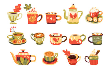 Set of autumn cups with hot drinks, cacao, coffee, tea and teapots decorated with leaves. Fall decorative objects. Warm hygge aesthetics. Flat cartoon hand-drawn style