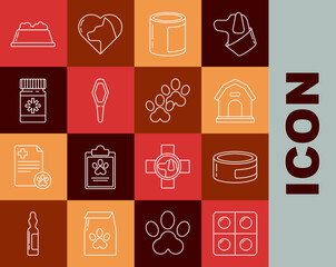 Set line Dog and pills, Canned food, house, Pets vial medical, medicine bottle, bowl and Paw print icon. Vector