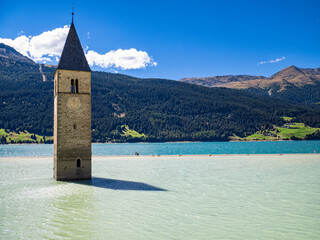 Resia pass lake and the bell tower