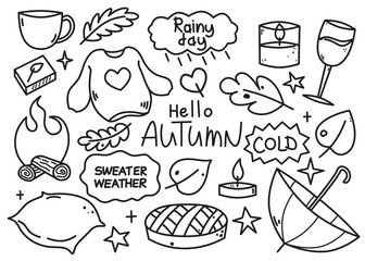 A set of hand-drawn stickers about autumn. A set of black outlines isolated on a white background. Bitmap stickers for nature lovers. Coffee and rain.