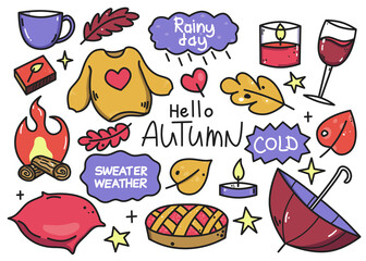 A set of hand-drawn stickers about autumn. Colorful set of isolated on white objects. Bitmap stickers for nature lovers. Coffee and rain.