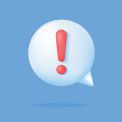 3d Chat bubble with Exclamation point. White Speech or speak bubble with danger sign on blue background. Information, support, help center. Social network communication concept. Vector illustration.