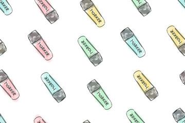 Seamless pattern sketching markers for learning with watercolor paints on a white background. Vector illustration