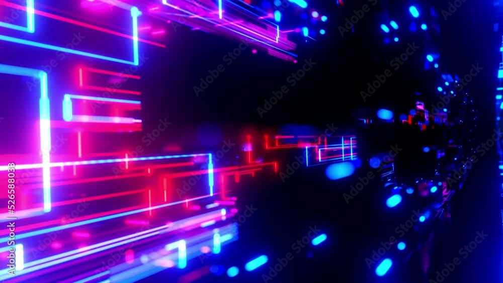 Poster neon light, sci-fi constructions, mysterious 3d objects and hologram. flight through hi-tech technol