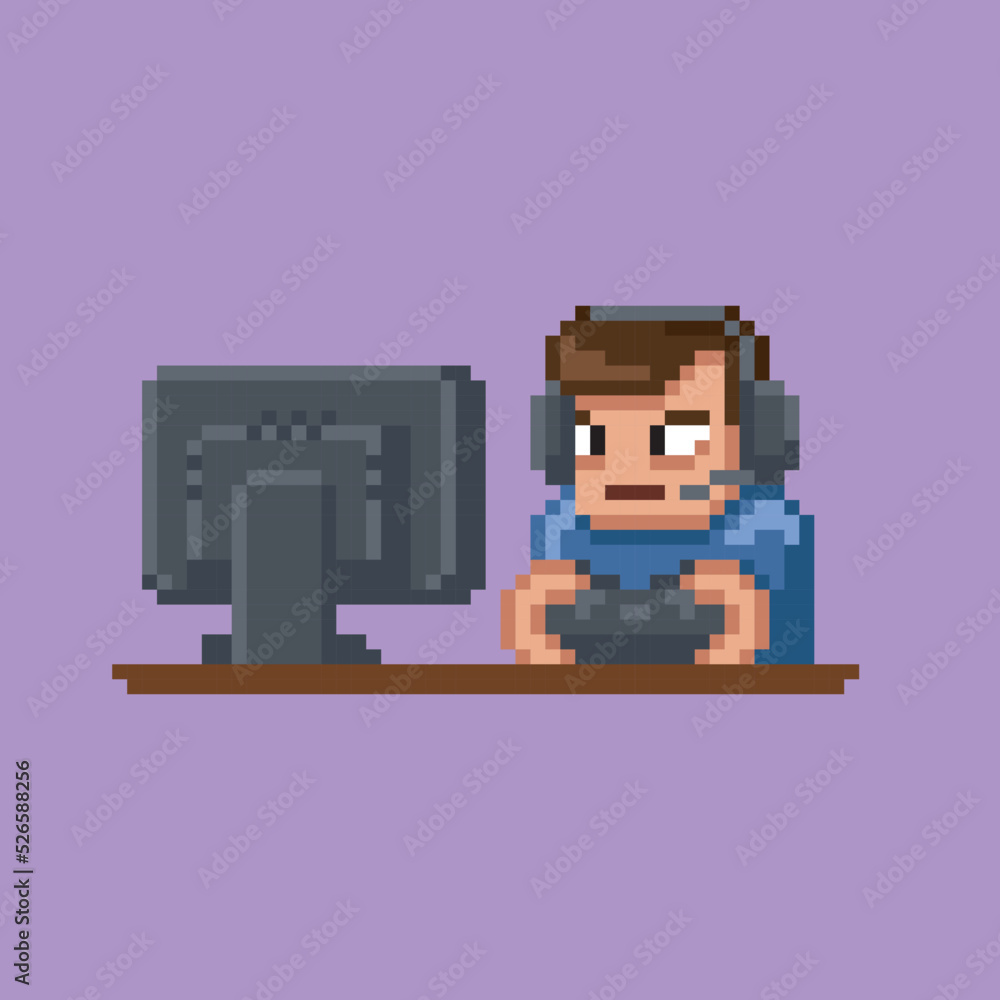 Poster pixel art streamer male character sitting in front of computer display wearing headset playing compu