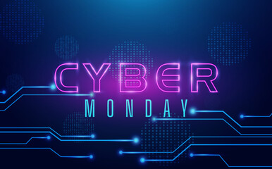 cyber monday text neon effect, with technology blue circuit board background Illustration