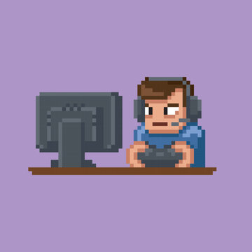 Pixel art streamer male character sitting in front of computer display wearing headset playing computer game with a gamepad, 8 bit retro cartoon vector illustration isolated