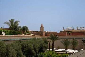 Marrakesh city skyline on a blue sunny day with Koutoubia famous tower landmark