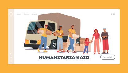 Humanitarian Aid Landing Page Template. Team of Volunteers in Van Giving Help Boxes to Refugees, Woman with Little Girl