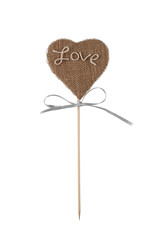 Saint Valentine's Day holiday gift. Love message. Handmade jute canvas heart on the wooden stick decoration isolated transparent png.