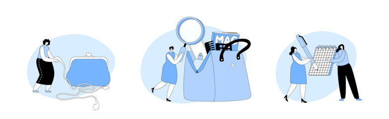 Tiny Women Characters At Huge Female Bag With Things And Variety Of Personal Belongings As Cosmetics, Mirror, Notepad