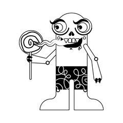 monster with lollipop, halloween, sticker, black and white
