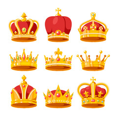 Set of Crowns, Royal Medieval Heraldic Vintage Heraldry Headwear for King or Queen Isolated on White Background