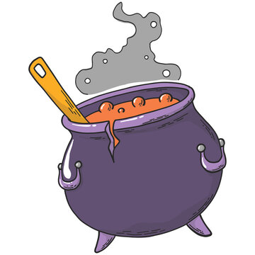 Hand Drawn Witch's Cauldron In Cartoon, Doodle Style. Halloween PNG Sticker, Clipart, Decor Element.