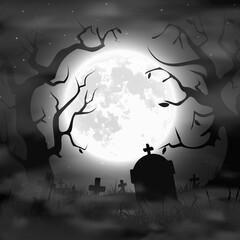 Halloween night background. Scary cemetery and full moon. Black and white vector banner