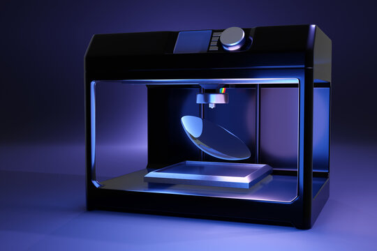 3D printer is printing a human cornea. Illustration of the biotechnology and science breakthrough of producing artificial eye cornea.