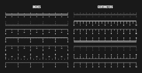 Realistic white centimeter and inch scale for measuring length or height. Various measurement scales with divisions. Ruler, tape measure marks, size indicators. Vector illustration