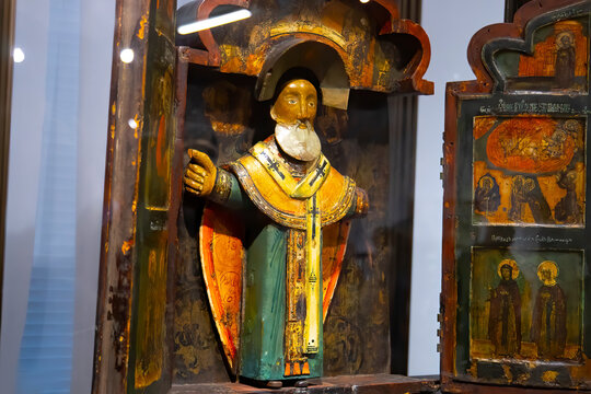 Moldova Chisinau Exhibition Historical Museum - May 15, 2022. Orthodox icon painted on wooden frame