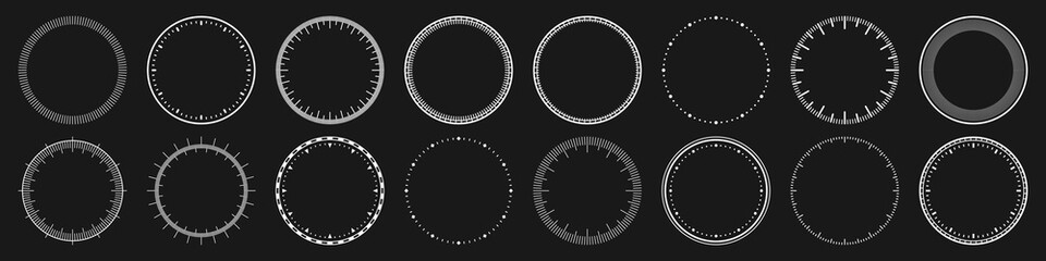 Mechanical clock faces, bezel. White watch dial with minute and hour marks. Timer or stopwatch element. Blank measuring circle scale with divisions. Vector illustration.