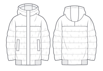 Unisex quilted padded Jacket technical fashion Illustration. Hooded puffer down Jacket technical drawing template, raglan long sleeve, front and back view, white, CAD mockup. - obrazy, fototapety, plakaty