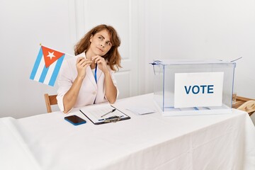 Beautiful caucasian woman at political campaign election holding cuba flag serious face thinking about question with hand on chin, thoughtful about confusing idea