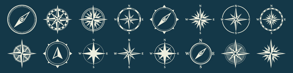 Vintage marine wind rose, nautical chart. Monochrome navigational compass with cardinal directions of North, East, South, West. Geographical position, cartography and navigation. Vector illustration. © 32 pixels