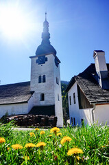 Medieval church in Spania dolina, Slovakia, during spring sunny day, with yellow dandelions in the foreground - obrazy, fototapety, plakaty