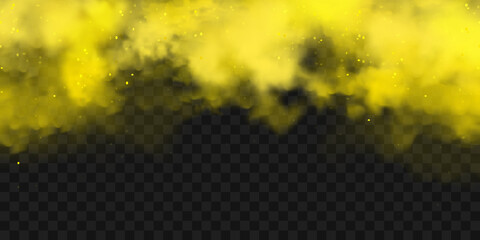 Realistic yellow colorful smoke clouds, mist effect. Fog isolated on transparent background. Vapor in air, steam flow. Vector illustration.