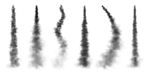 Realistic missile or bullet trail. Airplane condensation trails, jet aircraft tracks. Space rocket launch. Black smoke clouds, explosion. Steam flow. Vector illustration