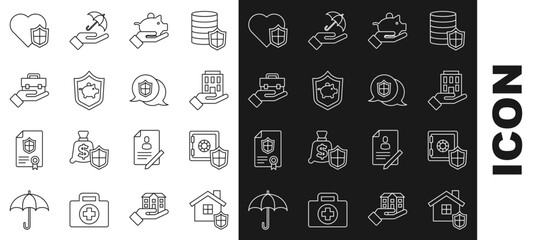 Set line House with shield, Safe, in hand, Piggy bank, Hand holding briefcase, Life insurance and Location icon. Vector