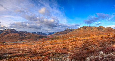 A panoramic view of North Fork Pass and the North Klondike River in Tombstone Territorial Park,...